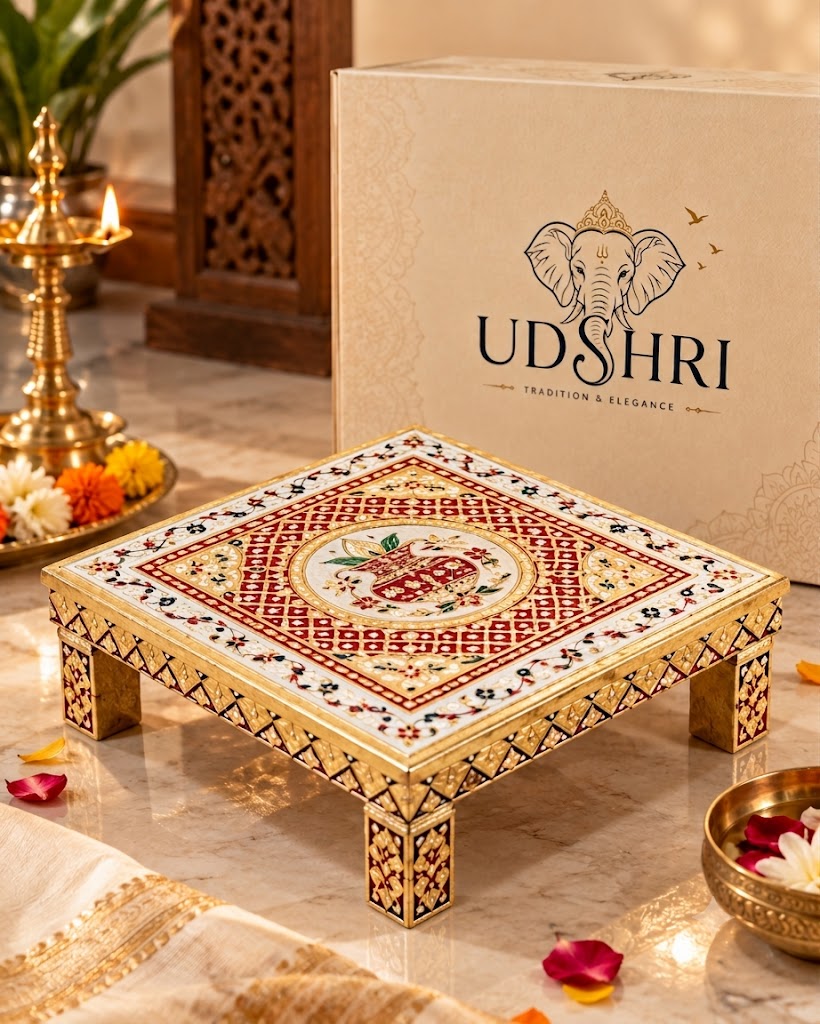 Handcrafted Wooden Decorated Puja Chowki