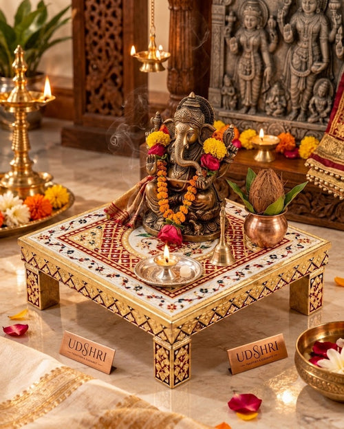 Handcrafted Wooden Decorated Puja Chowki